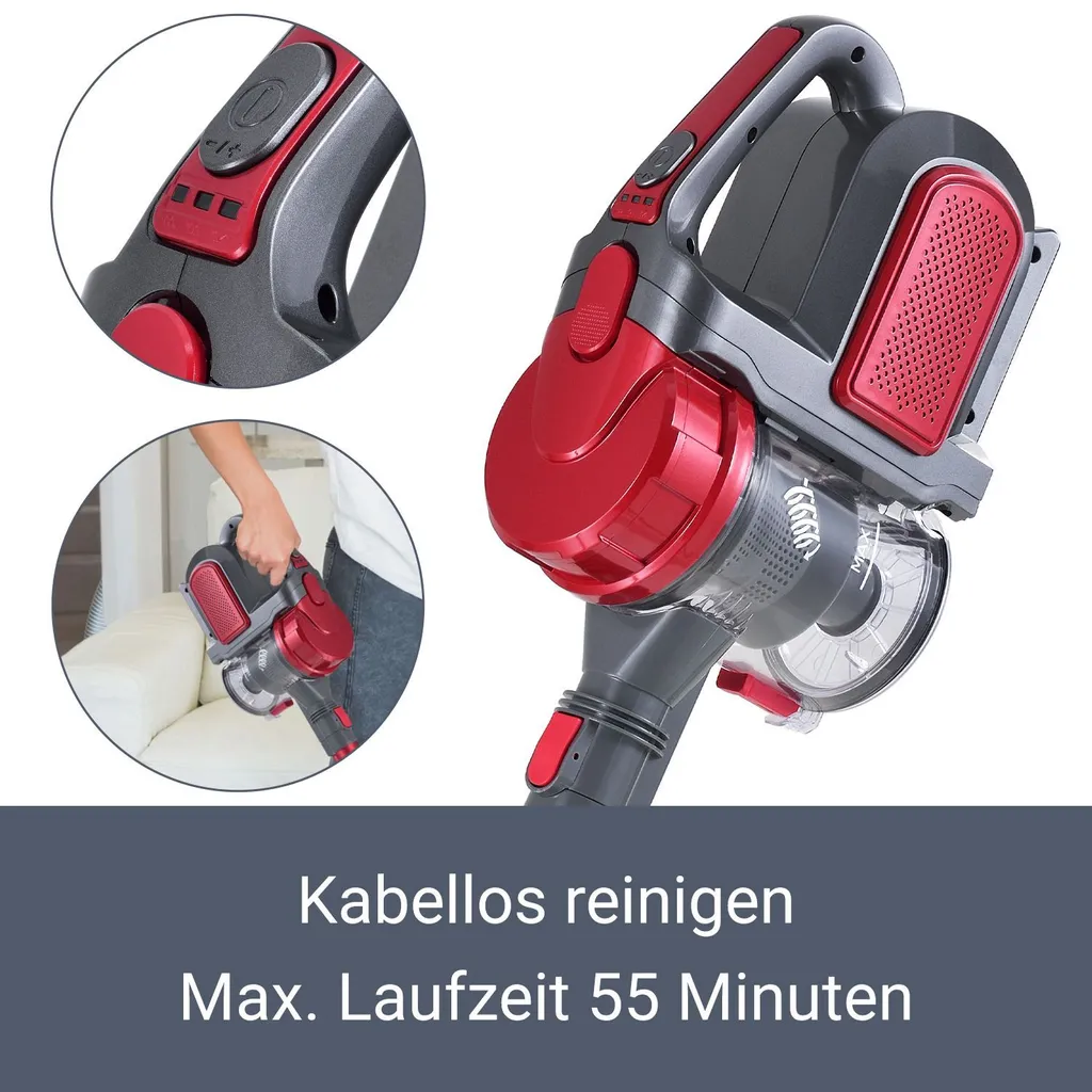 Juskys 2in1 Handstaubsauger & Akku Staubsauger - Beutellos & Kabellos – Bis 55 Min Laufzeit - Lithium-Ionen Akku, Wandhalterung & Ladestation – Rot 7 Juskys 2in1 Handstaubsauger & Akku Staubsauger - Beutellos & Kabellos – Bis 55 Min Laufzeit - Lithium-Ionen Akku, Wandhalterung & Ladestation – Rot – Bild 7