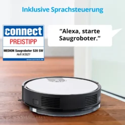 MEDION Saugroboter Mit Wischfunktion Und Zyklon Technologie S20 SW (Alexa App Steuerung, Modell 2021, Extra Flach, Regulierbare Wasserabgabe, Ladestation, Tierhaar Allergiker Optimiert) -SaugProfi Sparmarkt 28413e598262052f1068fa27291c4d6a