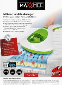 MAXXMEE Milben-Handstaubsauger Mit UV-C Licht - 300 W - Weiß/limegreen Milben Sauger UV Licht Handstaubsauger Entferner Allergiker Handsauger MAXXMEE -SaugProfi Sparmarkt 882dab6fd42bda9ee105d564c1330929