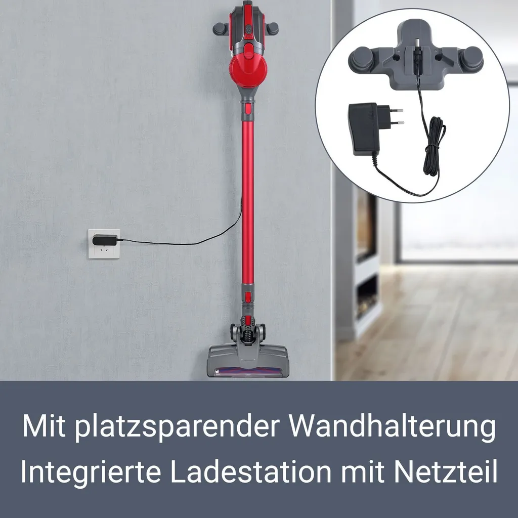 Juskys 2in1 Handstaubsauger & Akku Staubsauger - Beutellos & Kabellos – Bis 55 Min Laufzeit - Lithium-Ionen Akku, Wandhalterung & Ladestation – Rot 5 Juskys 2in1 Handstaubsauger & Akku Staubsauger - Beutellos & Kabellos – Bis 55 Min Laufzeit - Lithium-Ionen Akku, Wandhalterung & Ladestation – Rot – Bild 5