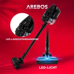 AREBOS Akku Staubsauger, 2-in-1 Hand- Und Bodenstaubsauger, 2 Leistungsstarke Saugmodi, Beutellos, Kabellos Bis Zu 55 Minuten, Mit Wandladestation, Schwarz -SaugProfi Sparmarkt bfe654cce19443c0951228853f14bd2f