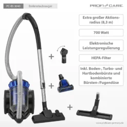 ProfiCare Bodenstaubsauger PC-BS 3040, Eco-Cyclon Twin-Spin Bodenstaubsauger, Beutellose Filtertechnik, 4-Fach Mikrofiltersystem, HEPA-Filter, Edelstahl-Teleskoprohr (höhenverstellbar), Extra Großer Aktionsradius (8,3 M), 700 Watt, Blau-schwarz -SaugProfi Sparmarkt c8e493a469ea25c2d0e61ba2ce34908f